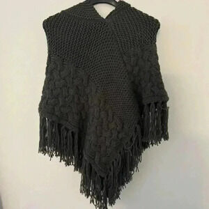 Coco + Carmen cable knit hooded poncho OS gray